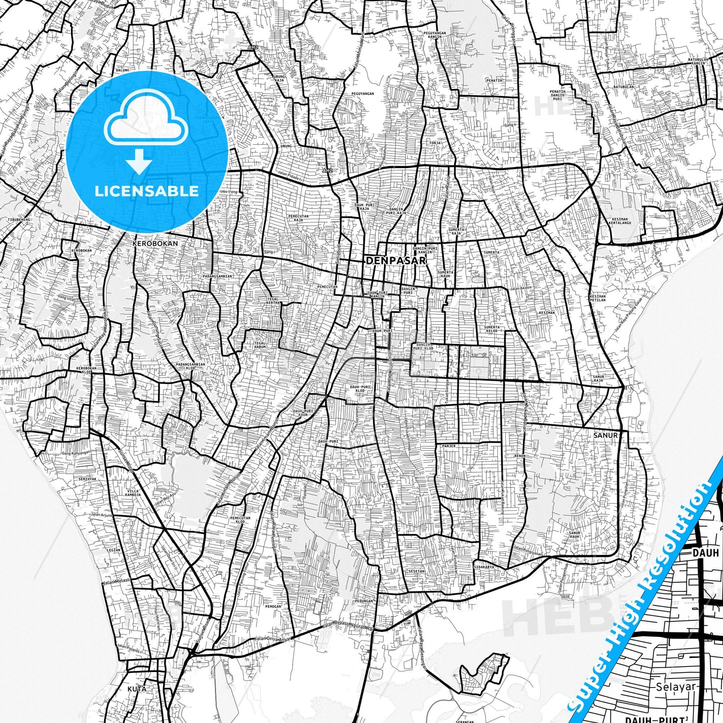 Denpasar, Indonesia Light Map with Street Names, City Names, and Districts