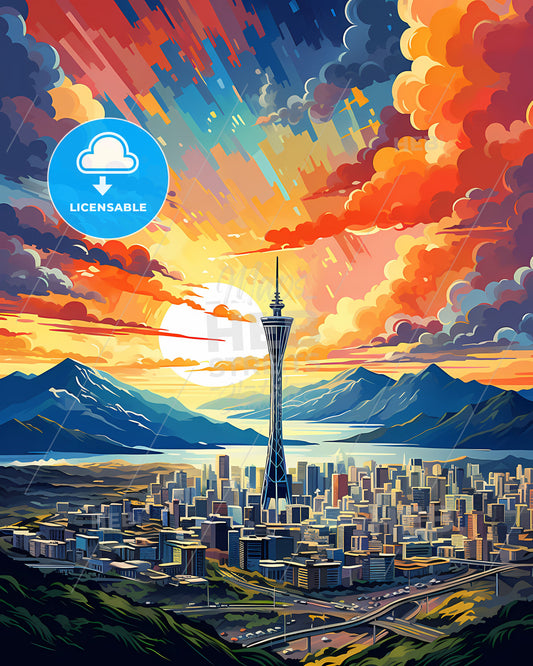 Denpasar Skyline Cityscape Indonesia Painting Art Mountains Colorful