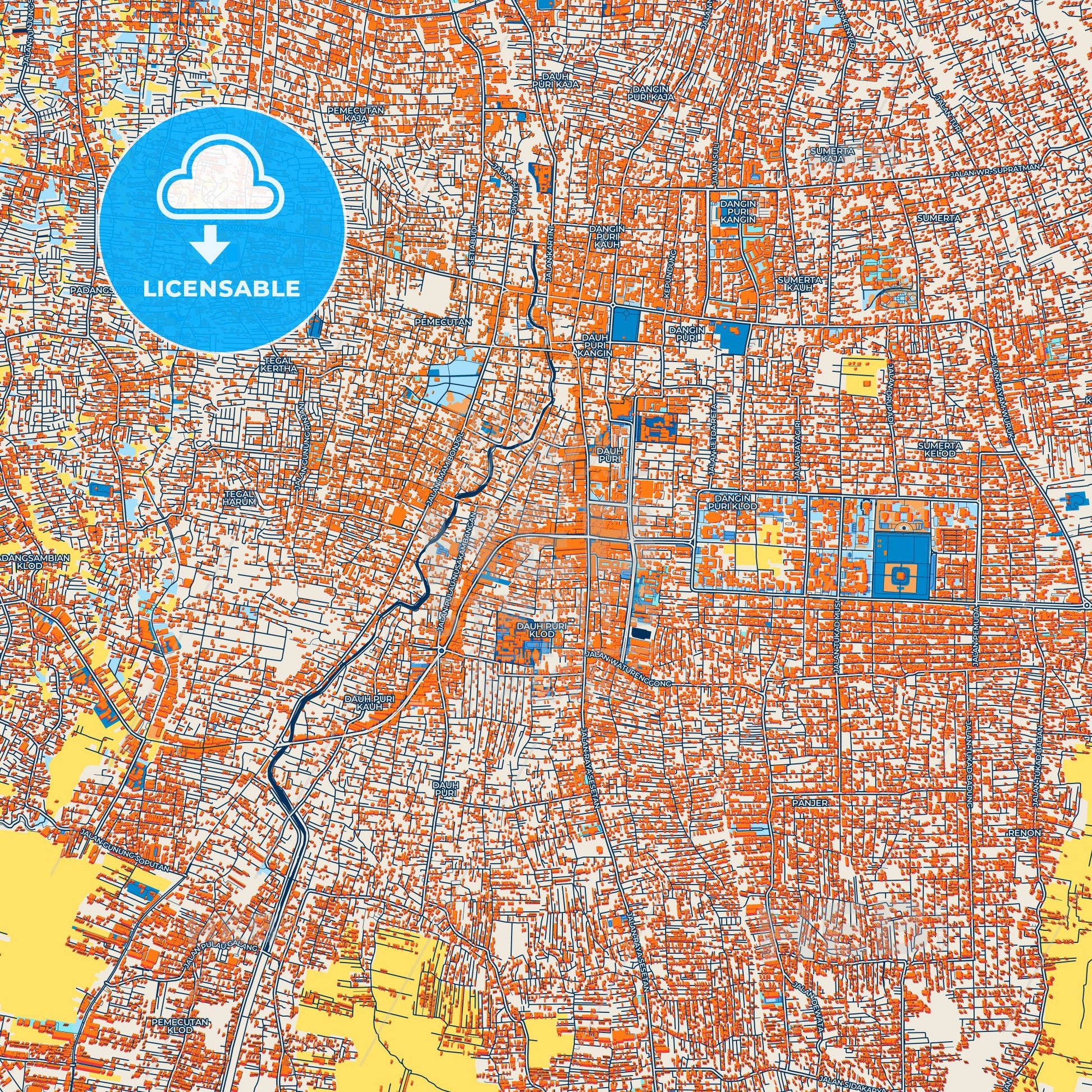 Colorful Denpasar Street Map with Labels and Buildings