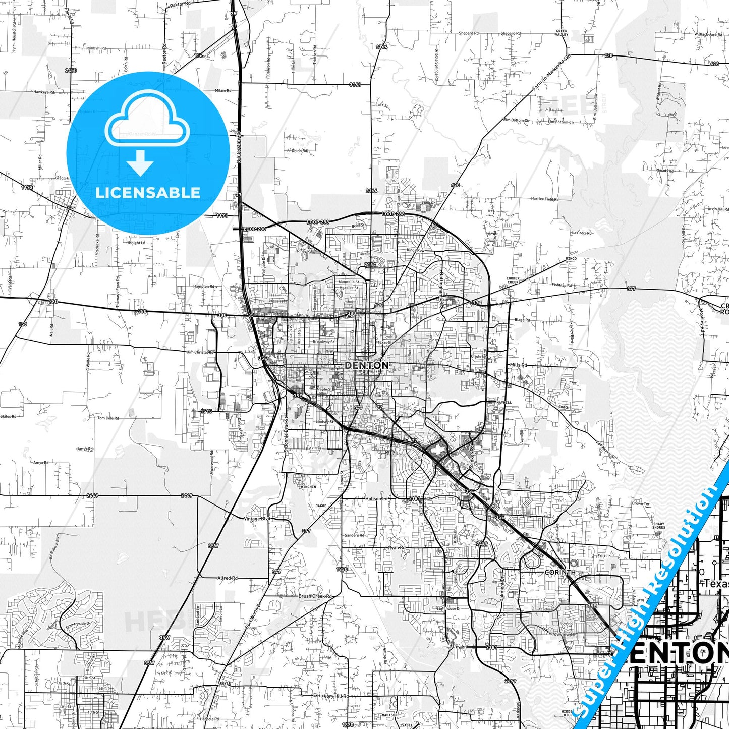 Denton, Texas light map with streetnames, citynames and districts