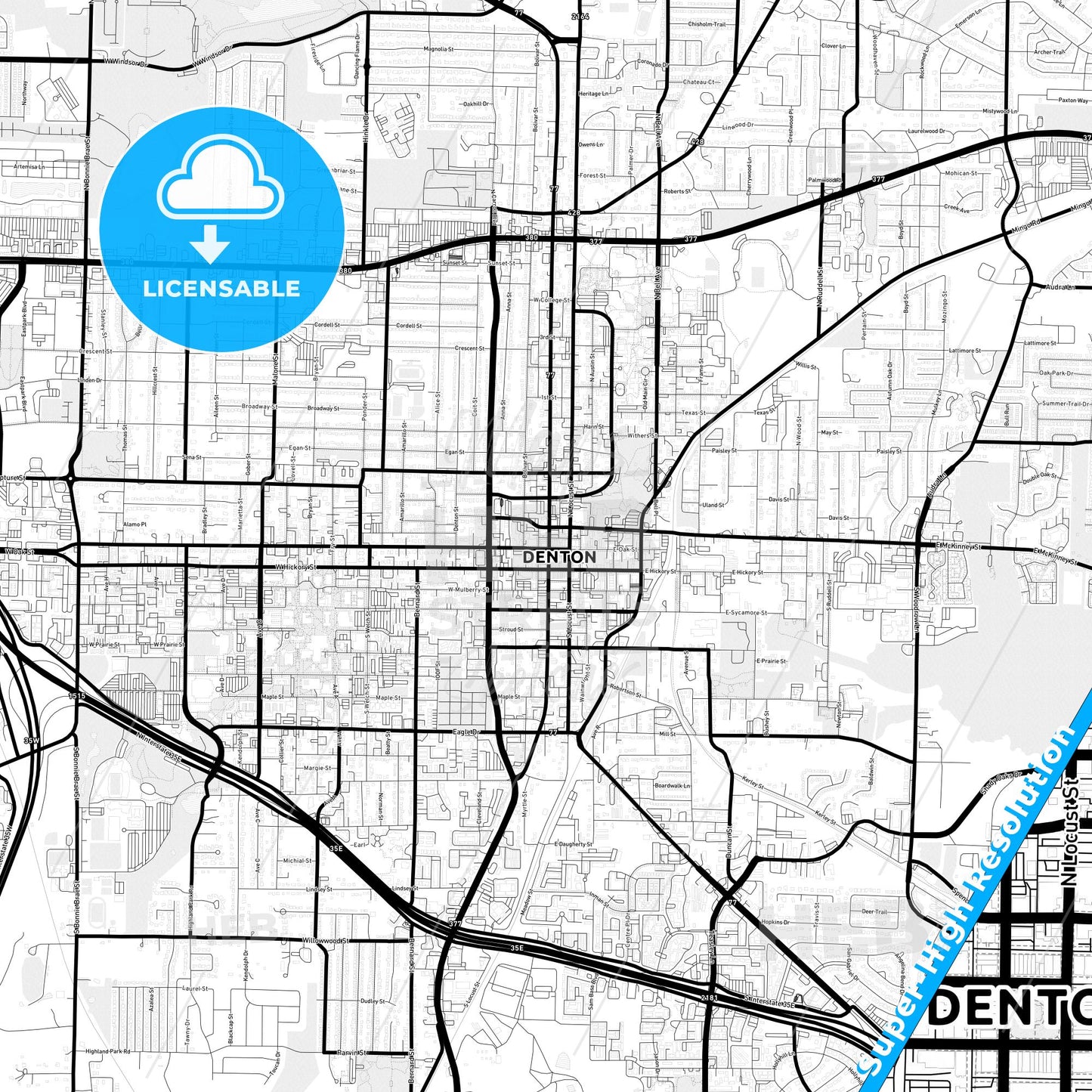 Denton, Texas Light Map with Street Names, City Names, and Districts