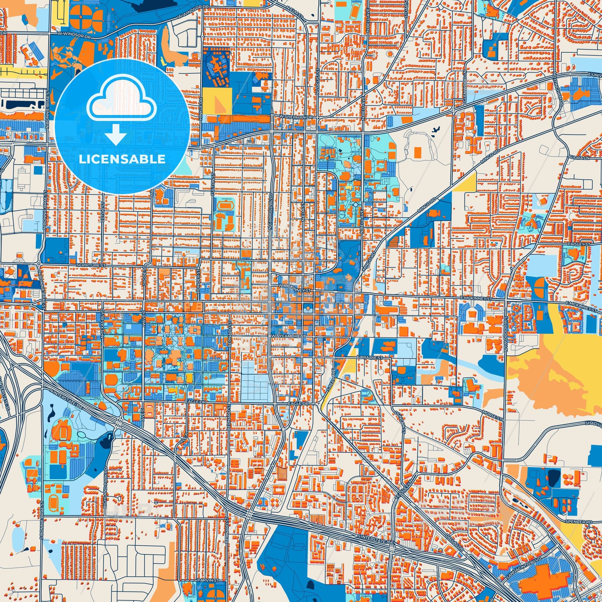 Colorful Denton Street Map with Labels and Buildings