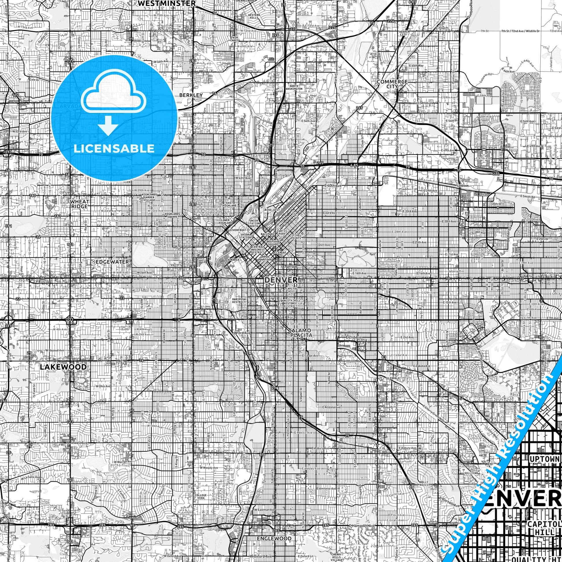 Denver, Colorado light map with streetnames, citynames and districts