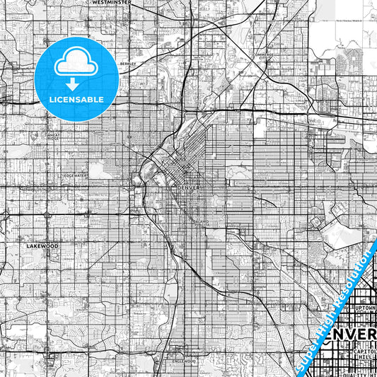 Denver, Colorado light map with streetnames, citynames and districts