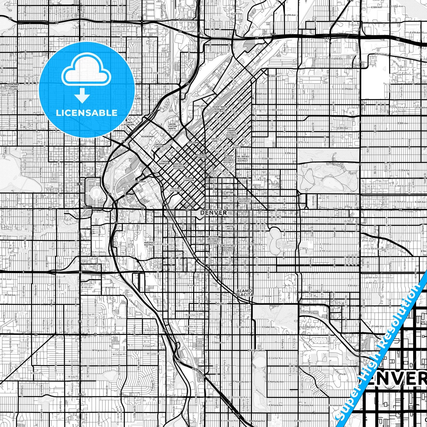 Denver, Colorado Light Map with Street Names, City Names, and Districts
