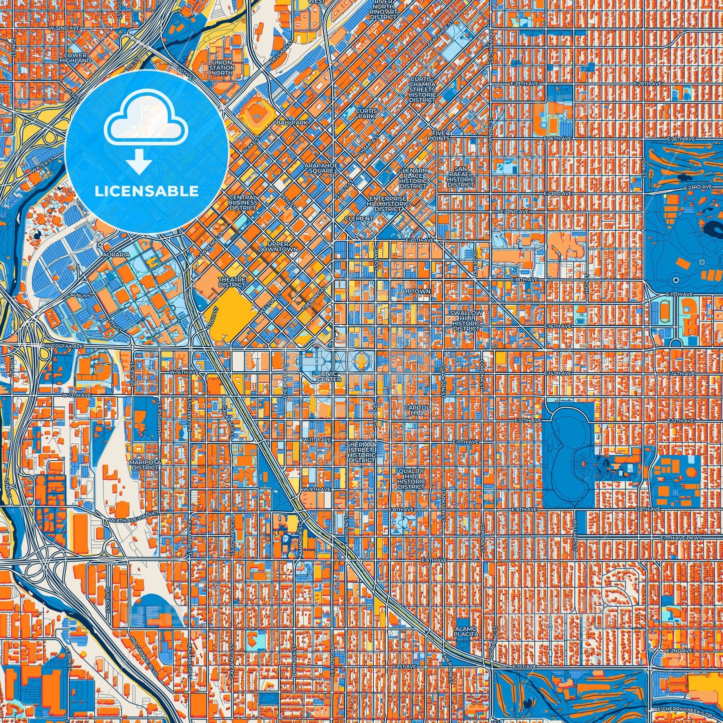 Colorful Denver Street Map with Labels and Buildings