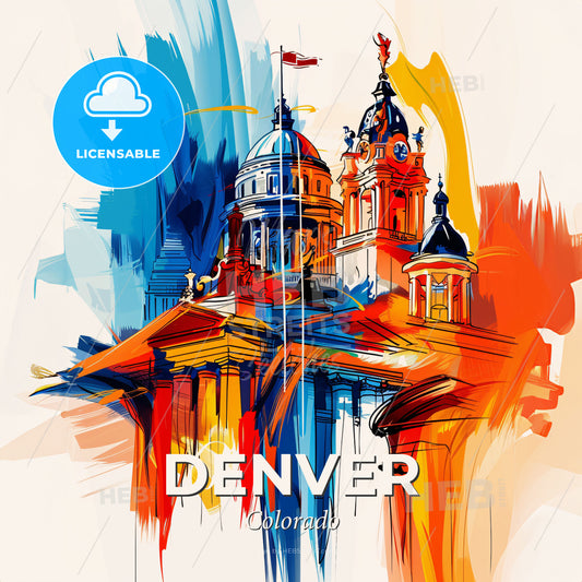 Vibrant Denver, Colorado - A Colorful Painting Of A Building - Square format print template