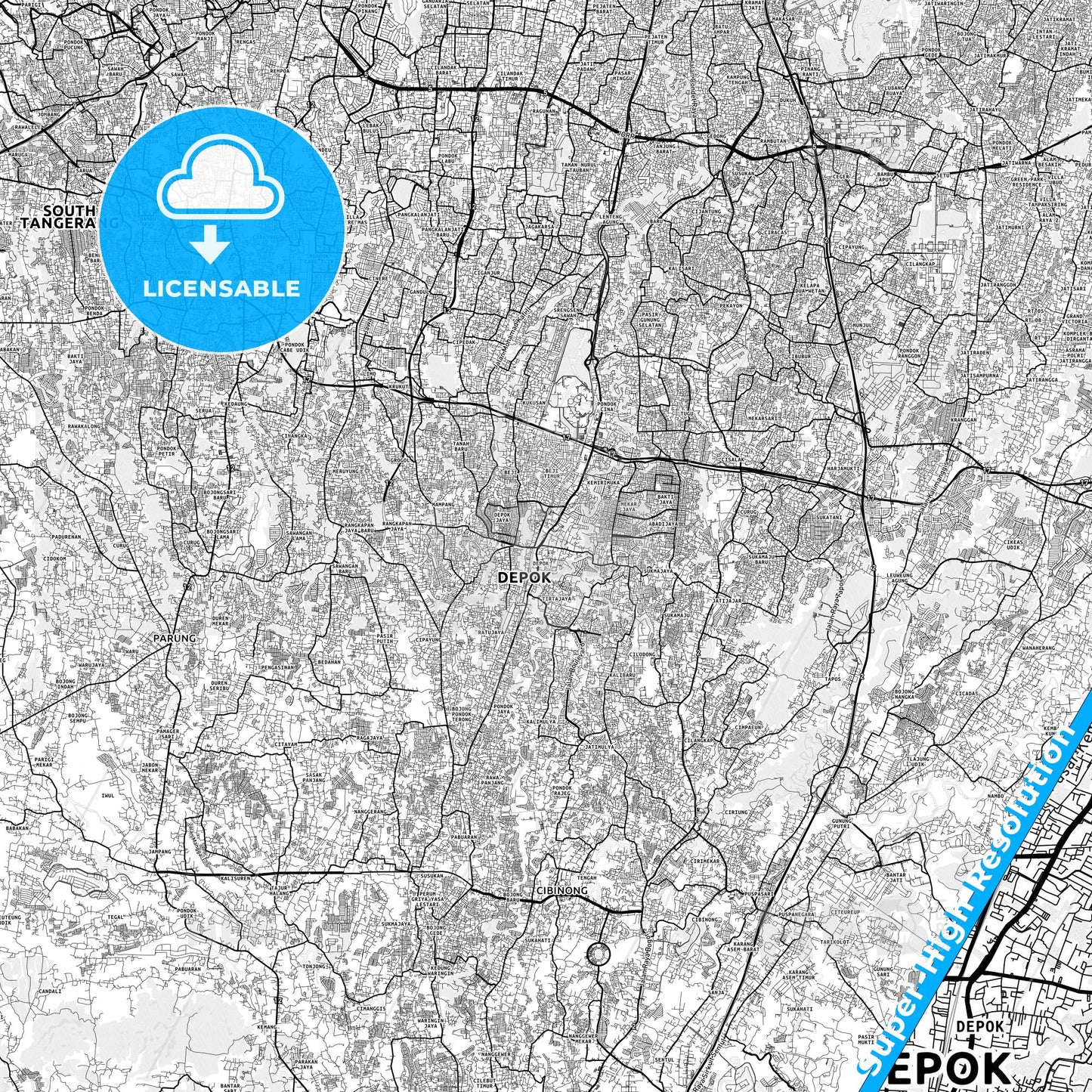 Depok, Indonesia light map with streetnames, citynames and districts