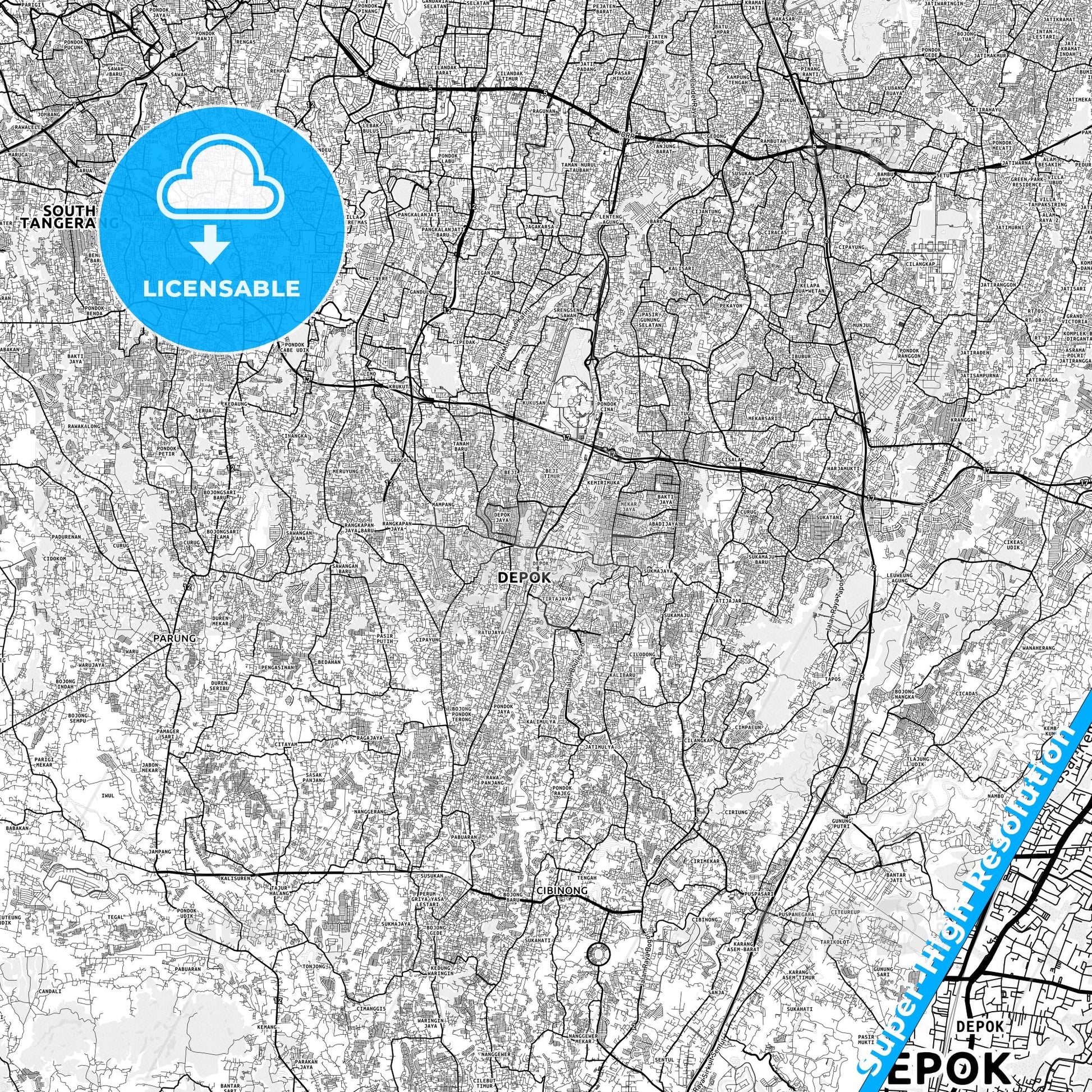 Depok, Indonesia light map with streetnames, citynames and districts