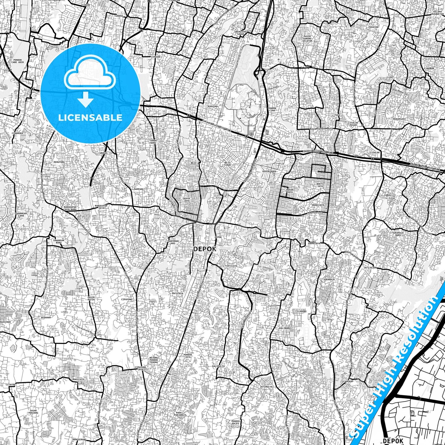 Depok, Indonesia Light Map with Street Names, City Names, and Districts
