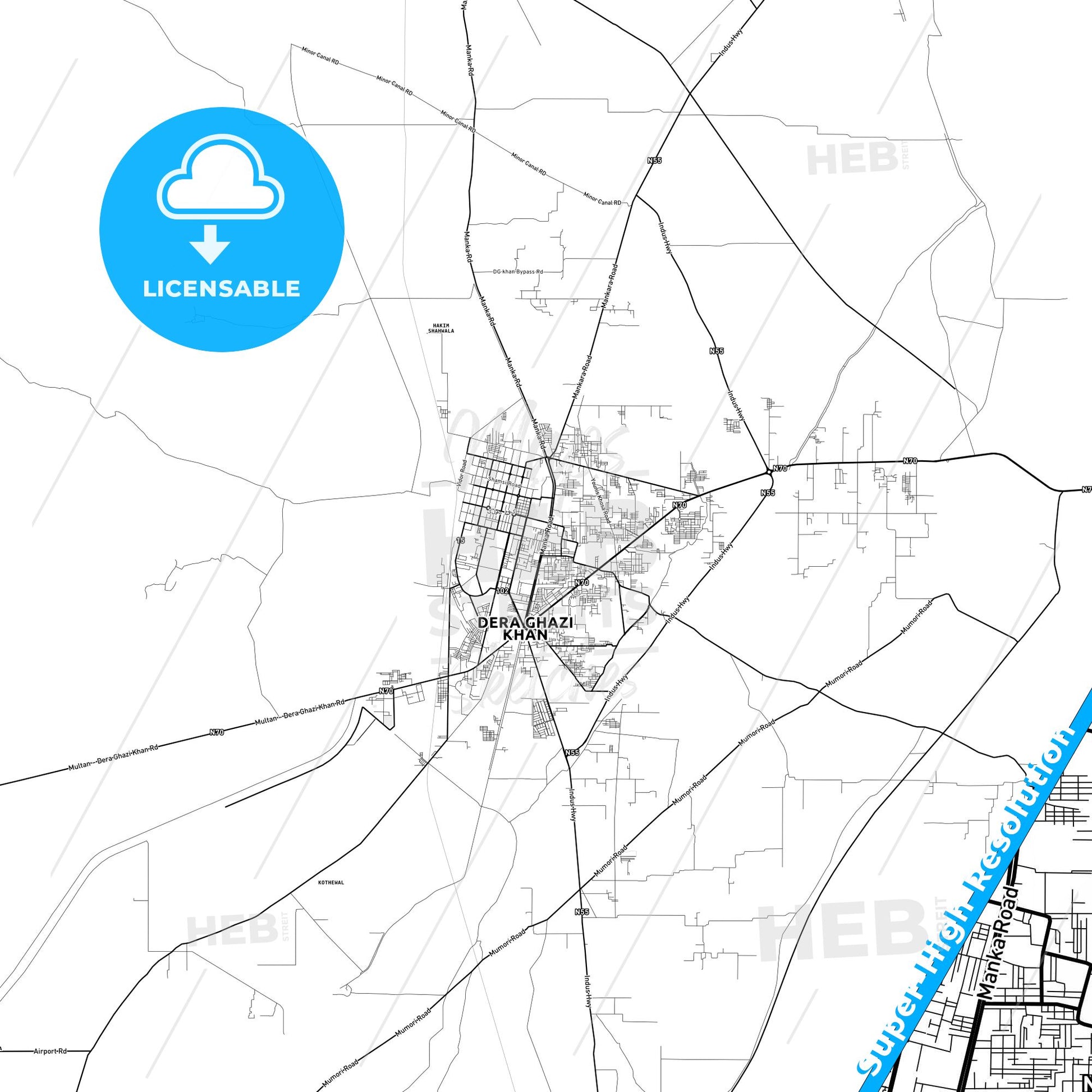 Dera Ghazi Khan, Pakistan light map with streetnames, citynames and districts