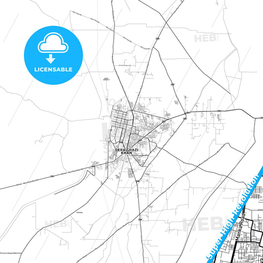 Dera Ghazi Khan, Pakistan light map with streetnames, citynames and districts