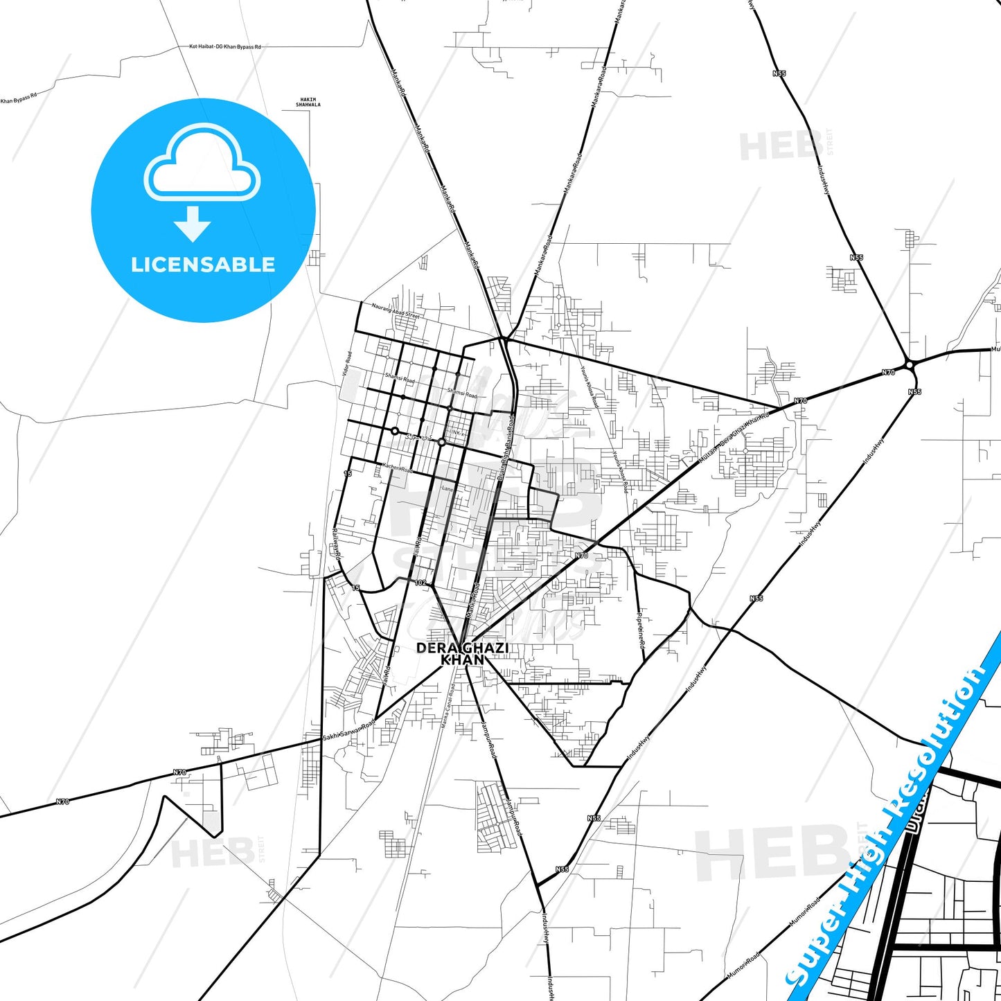Dera Ghazi Khan, Pakistan Light Map with Street Names, City Names, and Districts