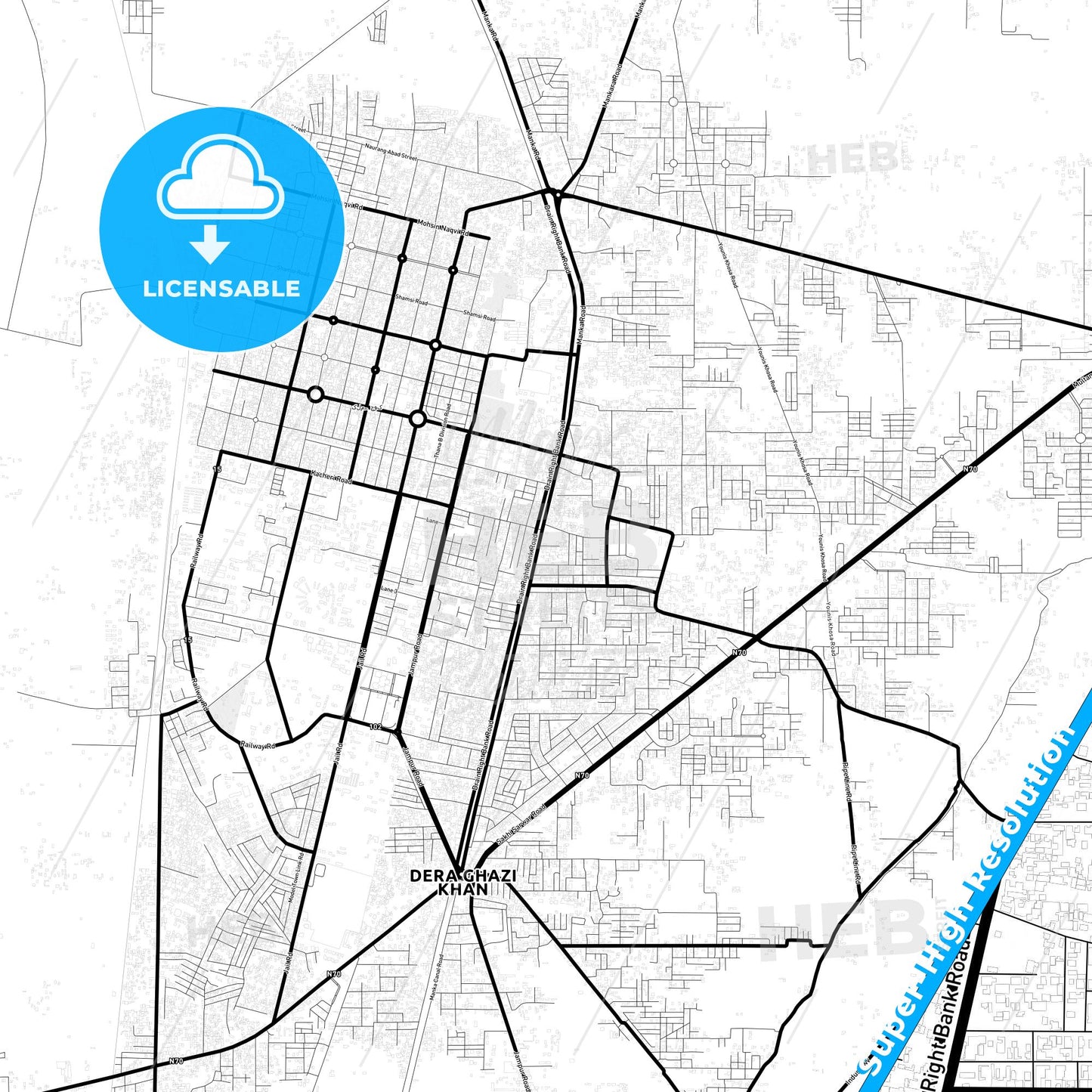 Dera Ghazi Khan, Pakistan Light Map with Street Names, City Names, and Districts