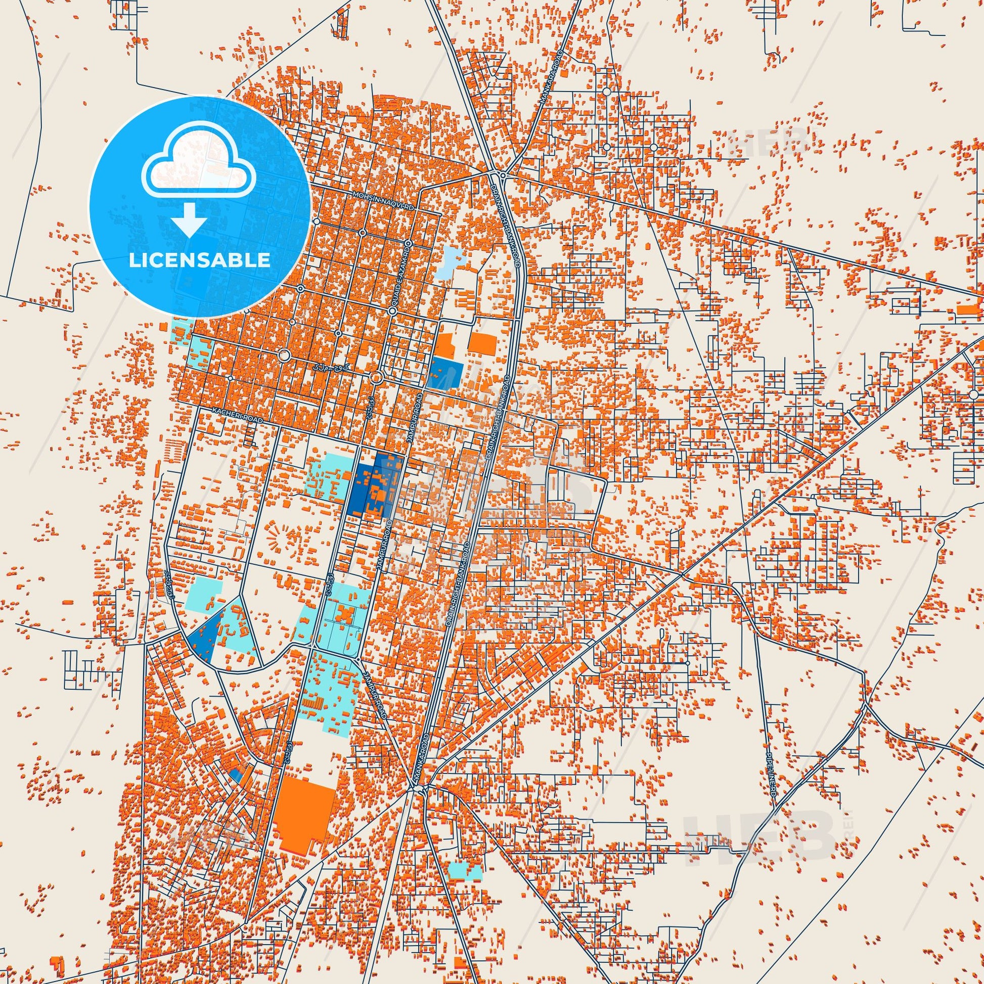 Colorful Dera Ghazi Khan Street Map with Labels and Buildings