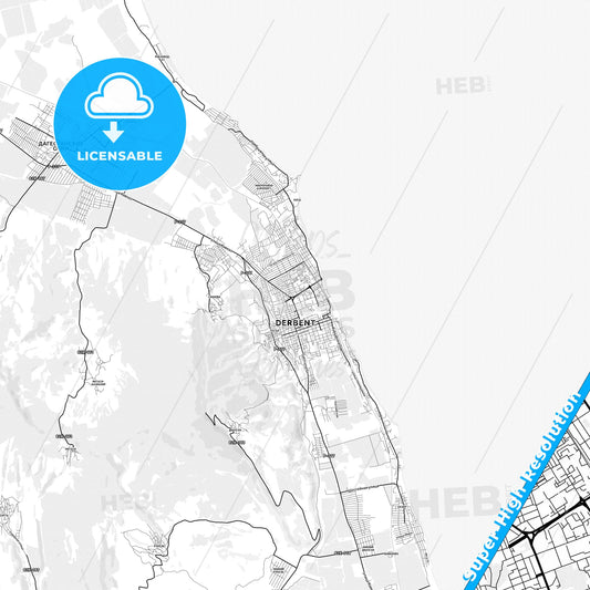 Derbent, Russia light map with streetnames, citynames and districts