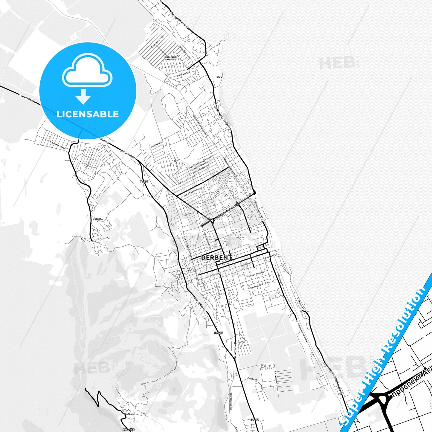 Derbent, Russia Light Map with Street Names, City Names, and Districts