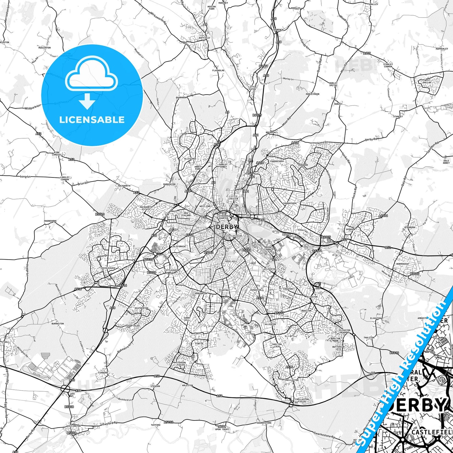 Derby, England light map with streetnames, citynames and districts