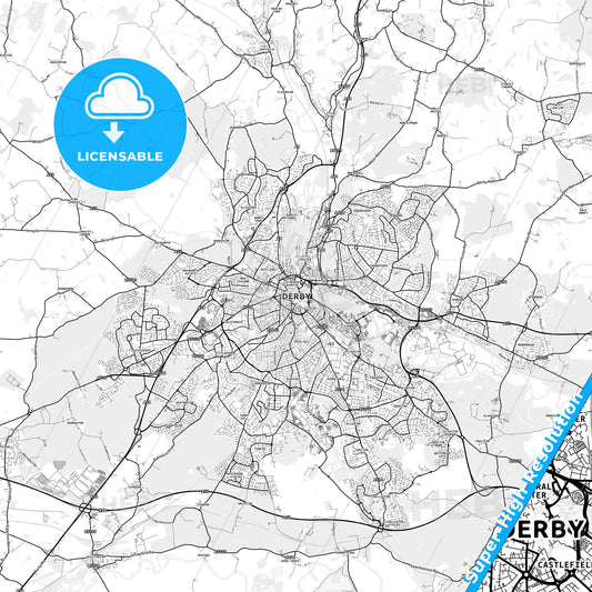 Derby, England light map with streetnames, citynames and districts