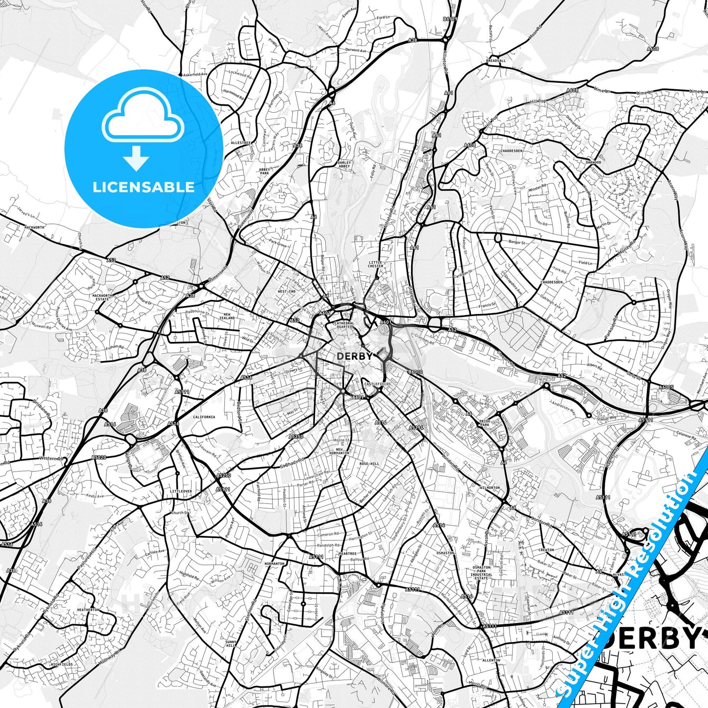 Derby, England Light Map with Street Names, City Names, and Districts
