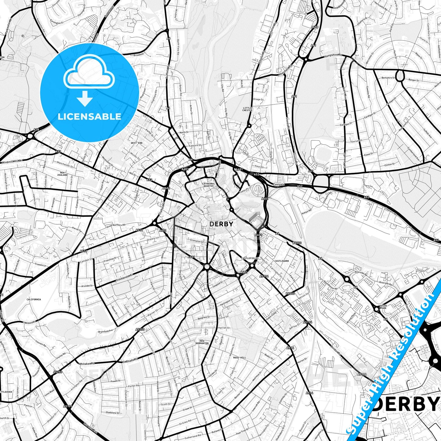 Derby, England Light Map with Street Names, City Names, and Districts