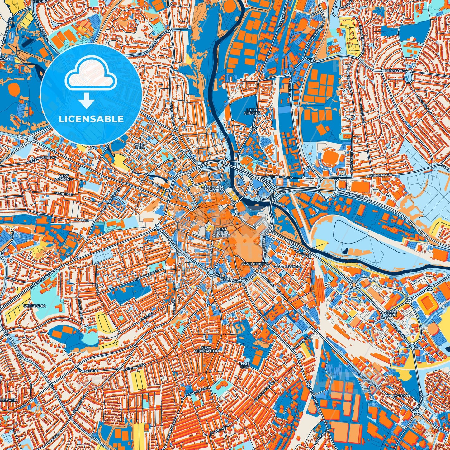 Colorful Derby Street Map with Labels and Buildings