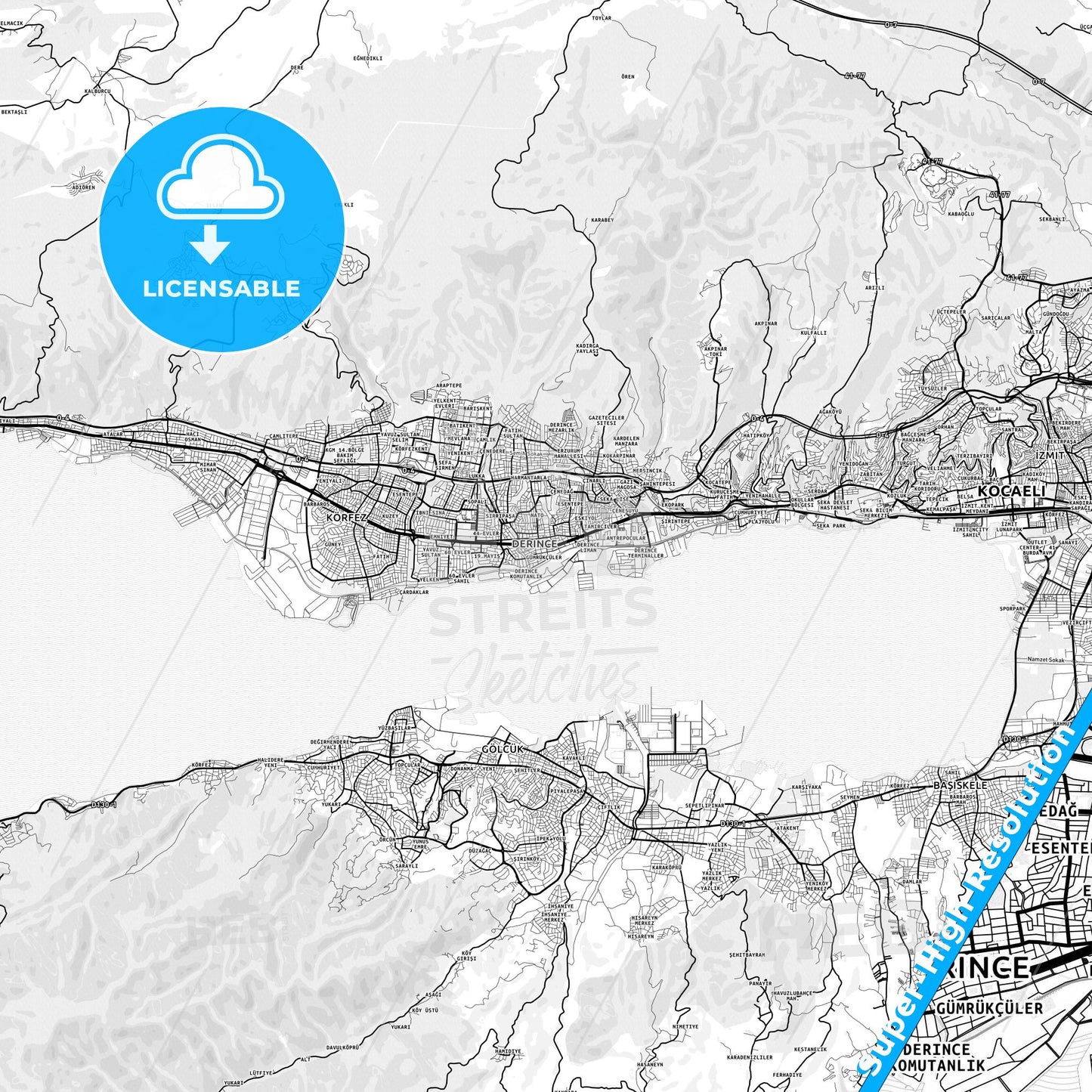Derince, Turkey light map with streetnames, citynames and districts