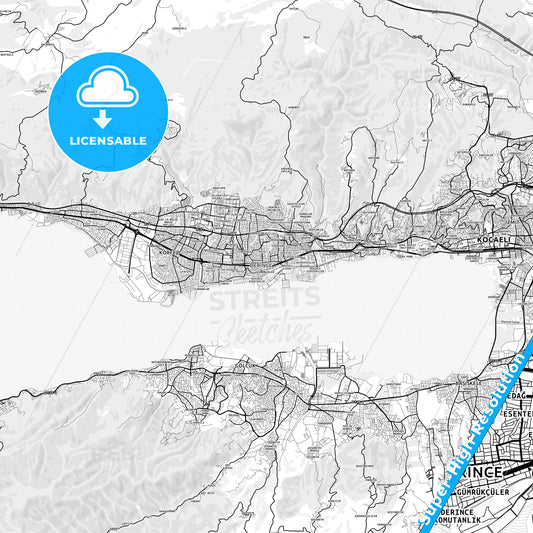 Derince, Turkey light map with streetnames, citynames and districts