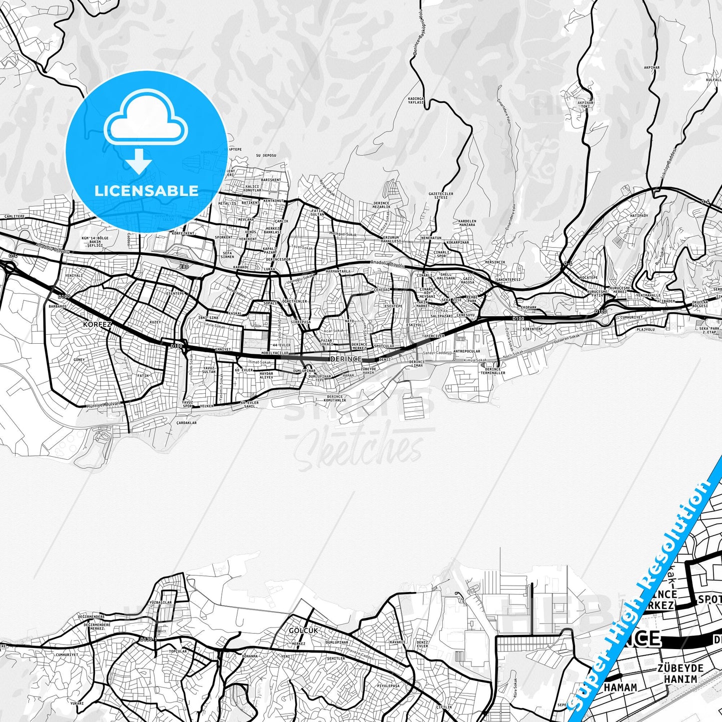 Derince, Turkey Light Map with Street Names, City Names, and Districts