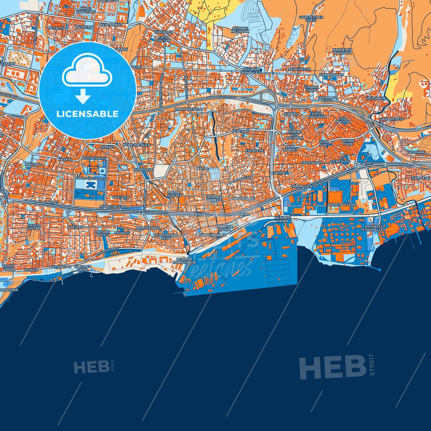 Colorful Derince Street Map with Labels and Buildings