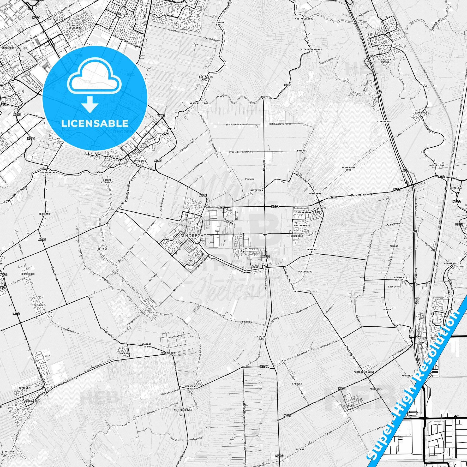 De Ronde Venen, Netherlands light map with streetnames, citynames and districts