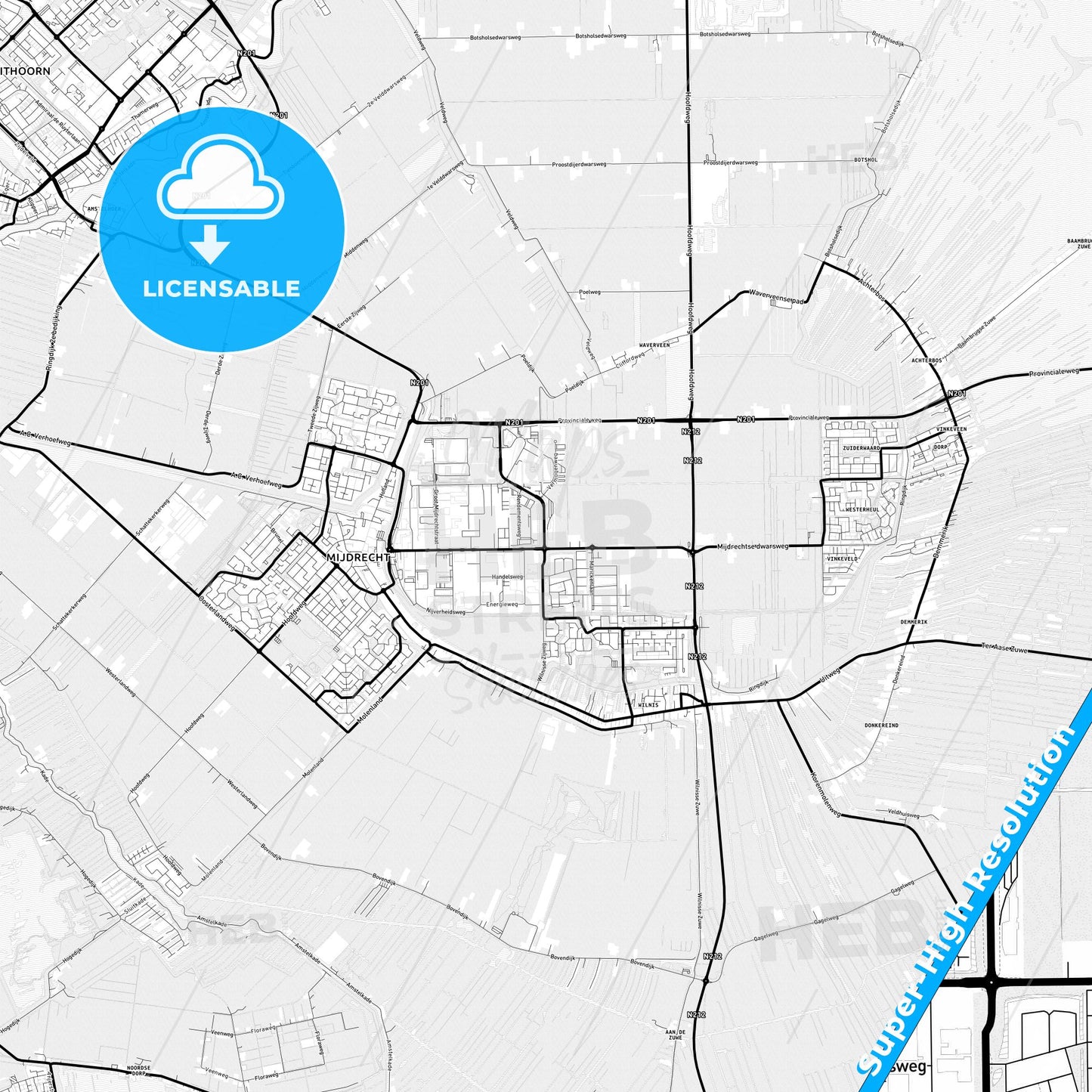 De Ronde Venen, Netherlands Light Map with Street Names, City Names, and Districts