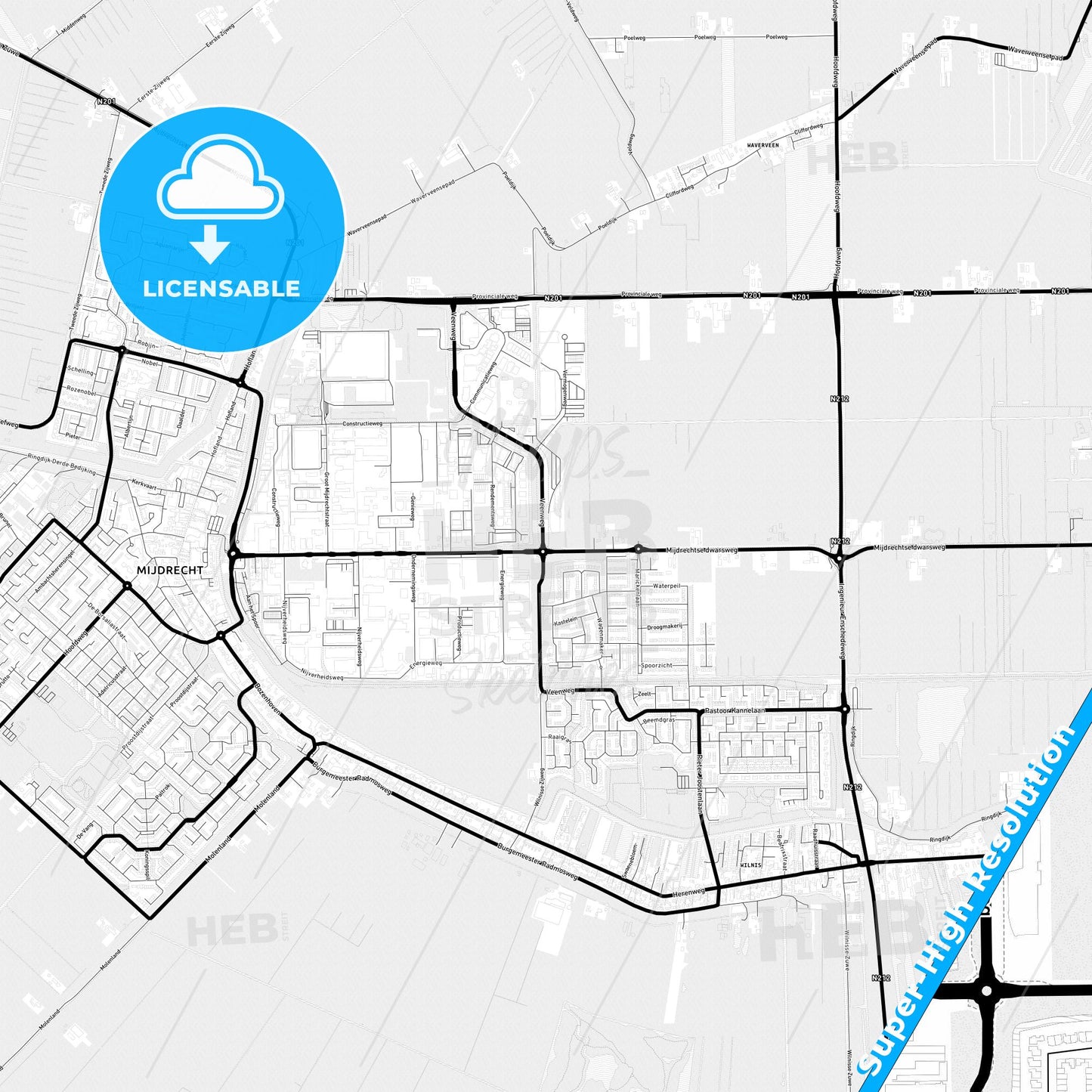 De Ronde Venen, Netherlands Light Map with Street Names, City Names, and Districts