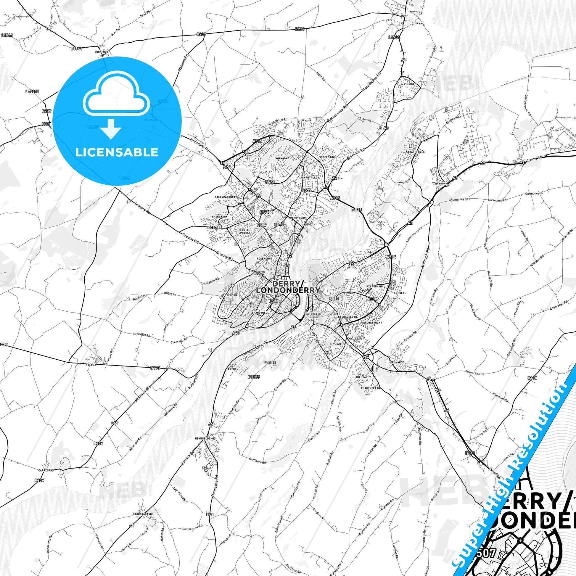 Derry, Northern Ireland light map with streetnames, citynames and districts