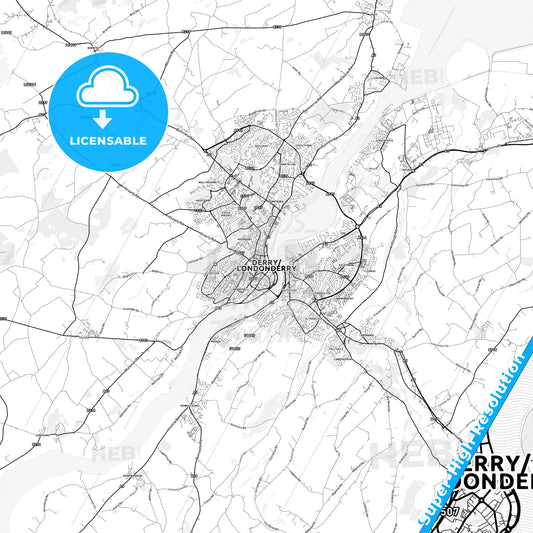 Derry, Northern Ireland light map with streetnames, citynames and districts