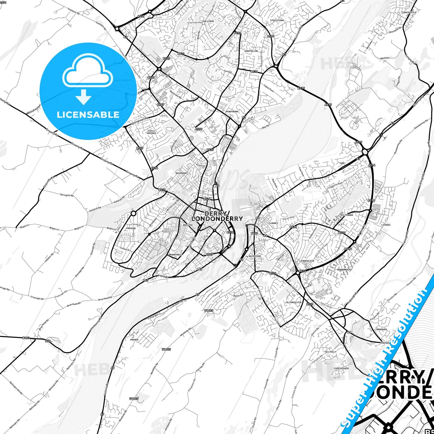 Derry, Northern Ireland Light Map with Street Names, City Names, and Districts
