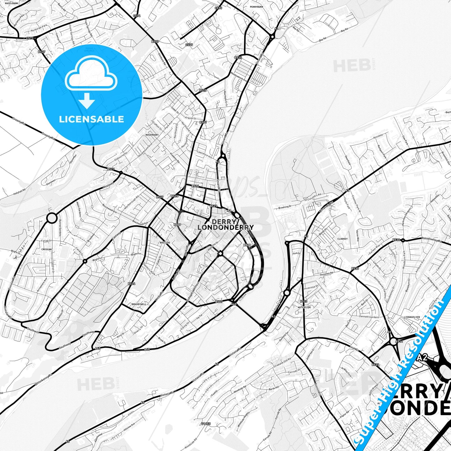 Derry, Northern Ireland Light Map with Street Names, City Names, and Districts