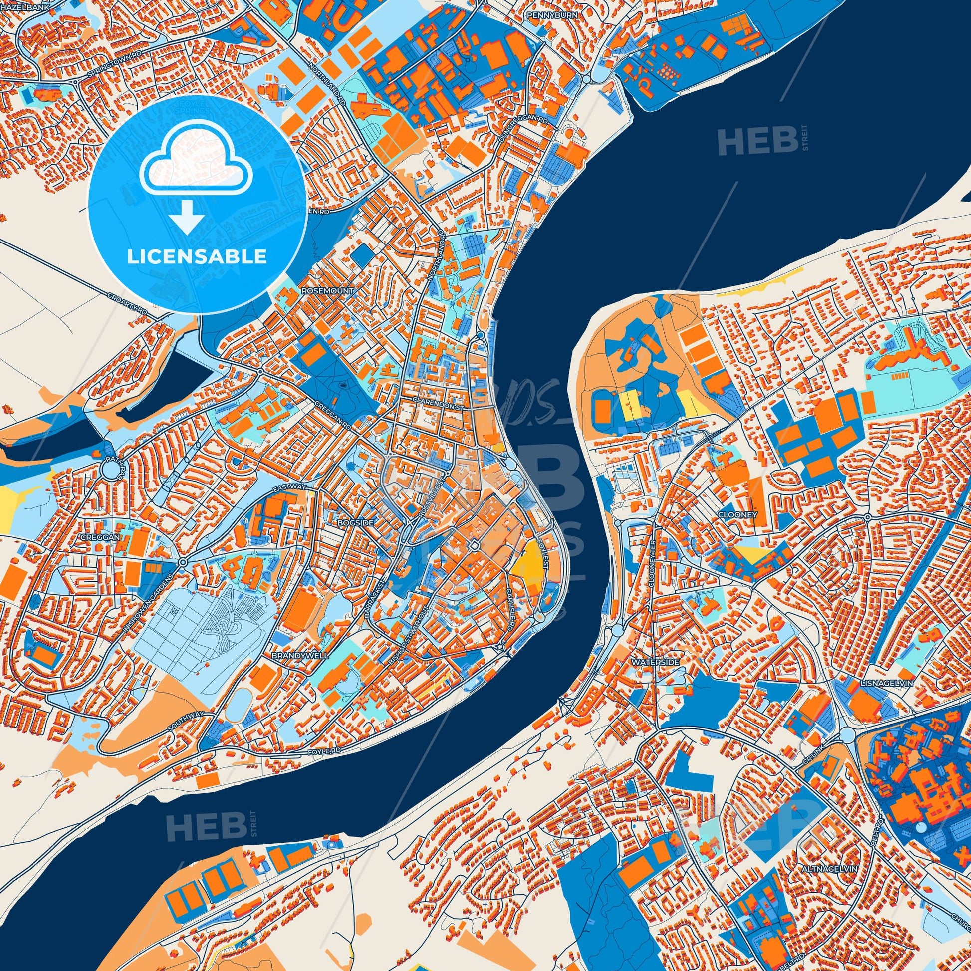 Colorful Derry Street Map with Labels and Buildings