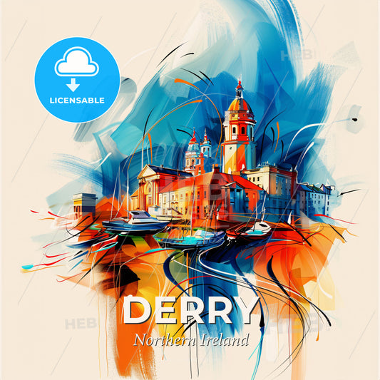 Vibrant Derry, Northern Ireland - A Painting Of A Building And Boats - Square format print template