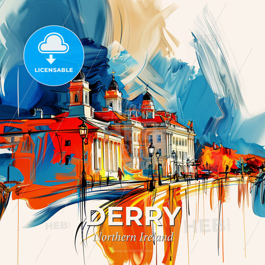 Vibrant Derry, Northern Ireland - A Painting Of A Skyline With A Colorful Building - Square format print template