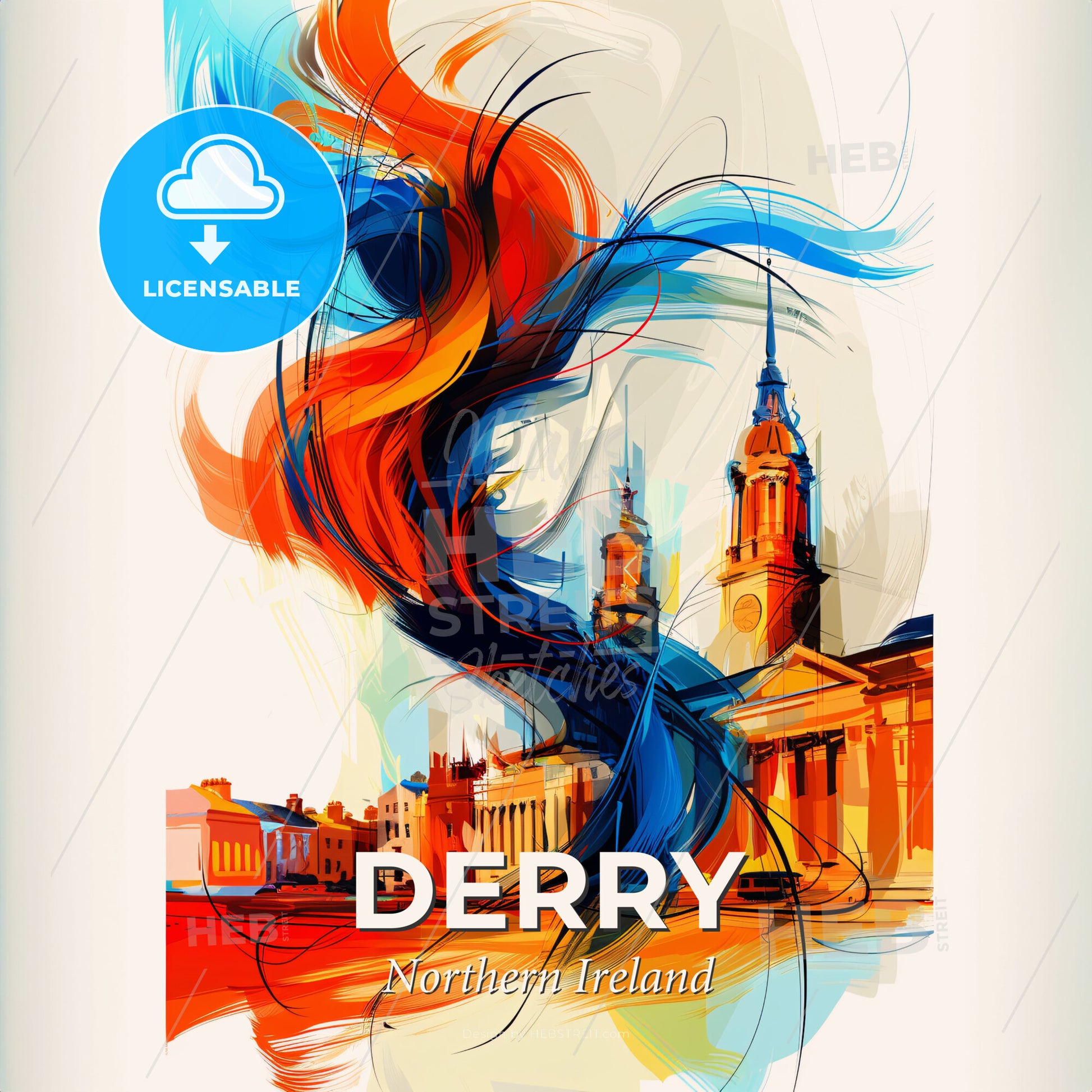 Vibrant Derry, Northern Ireland - A Painting Of A Building With A Colorful Swirl - Square format print template