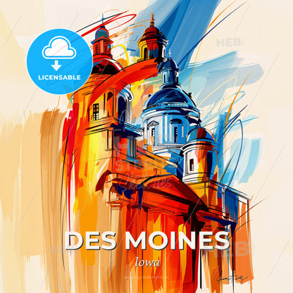 Vibrant Des Moines, Iowa - A Painting Of A Building With Domes - Square format print template