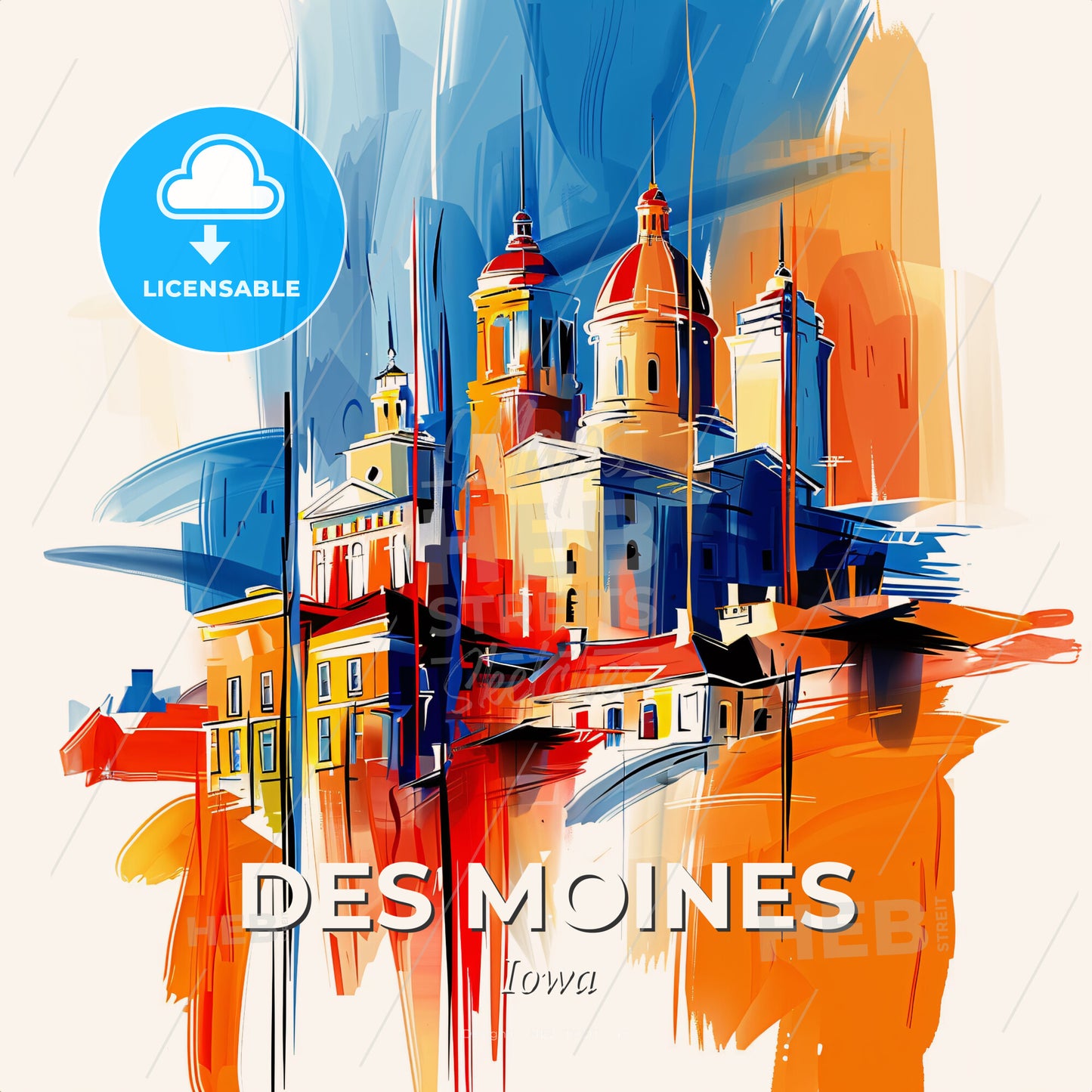 Vibrant Des Moines, Iowa - A Painting Of A Building - Square format print template