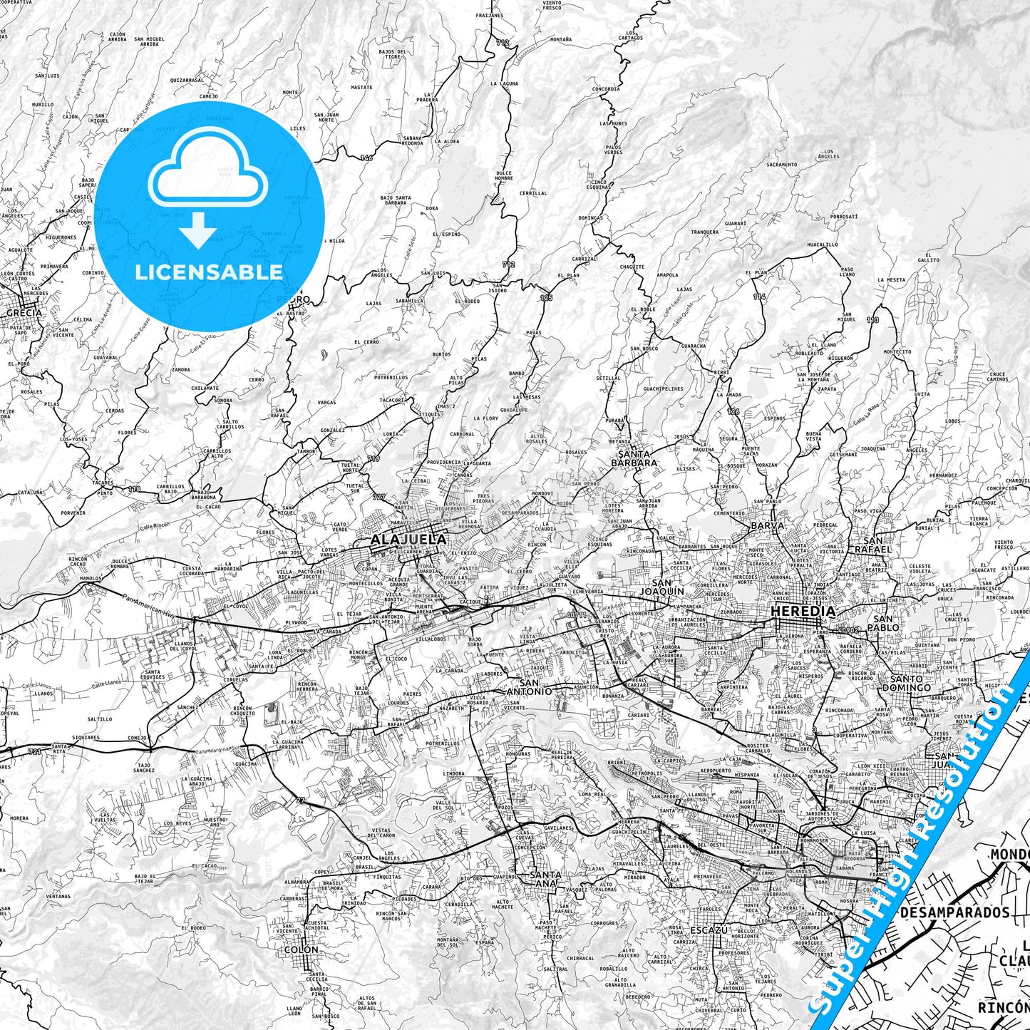 Desamparados, Costa Rica light map with streetnames, citynames and districts