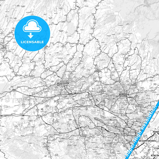 Desamparados, Costa Rica light map with streetnames, citynames and districts