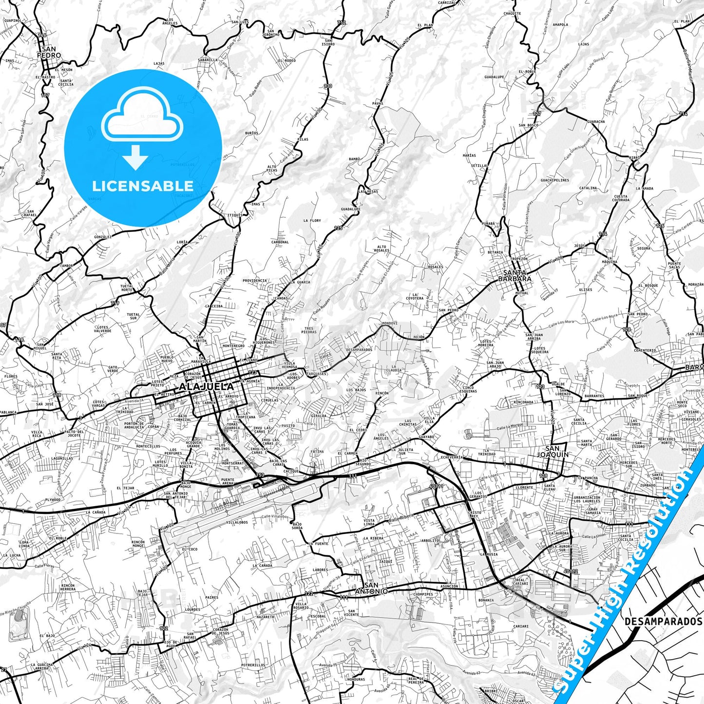 Desamparados, Costa Rica Light Map with Street Names, City Names, and Districts