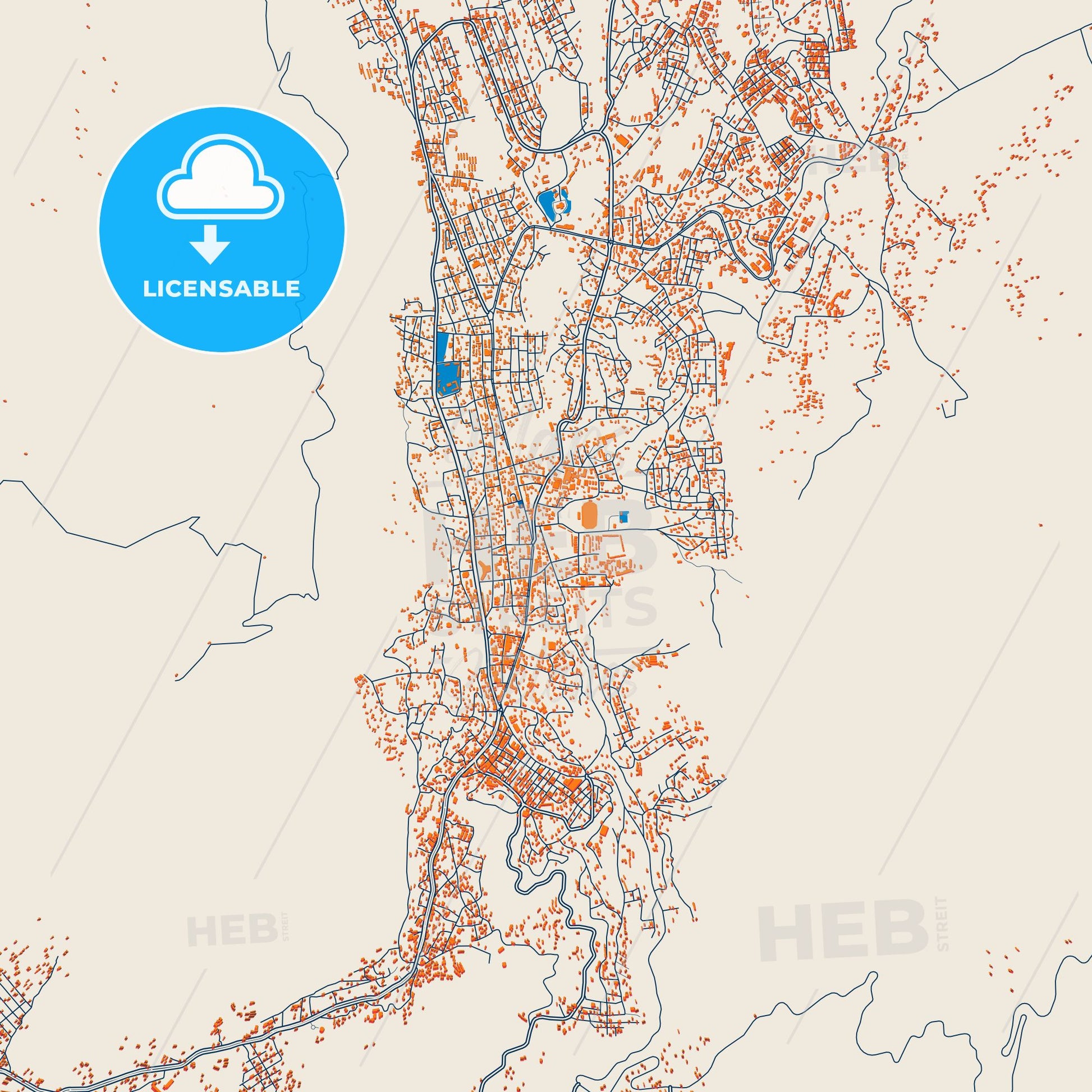 Colorful Dese Street Map with Labels and Buildings