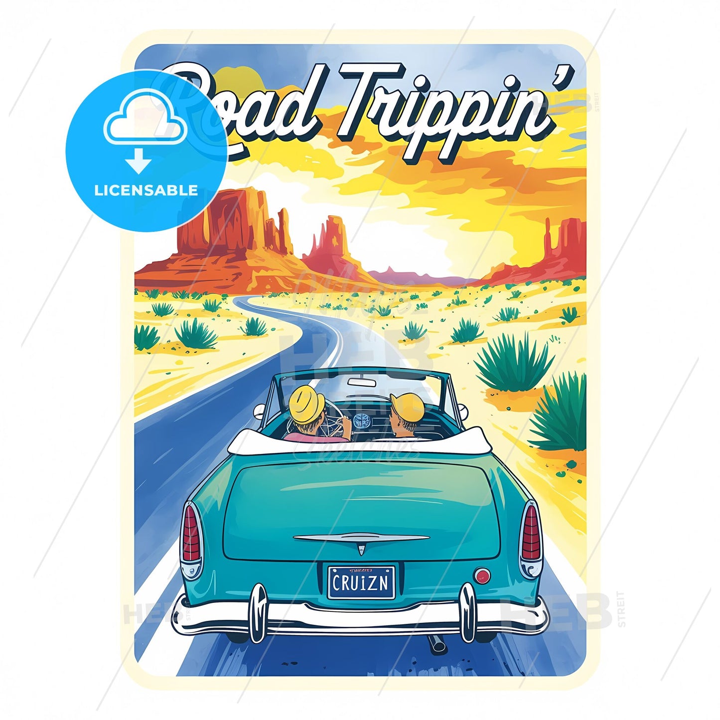 Desert Sunset Adventure: Retro Convertible Road Trip Poster