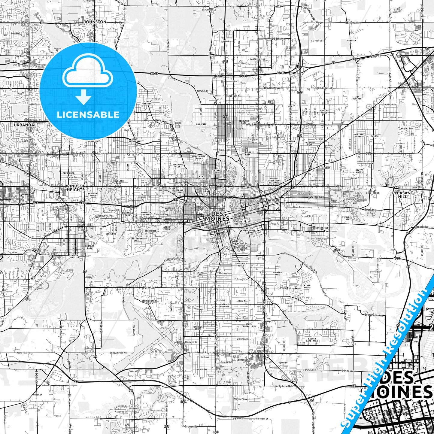 Des Moines, Iowa light map with streetnames, citynames and districts