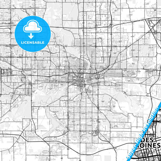 Des Moines, Iowa light map with streetnames, citynames and districts